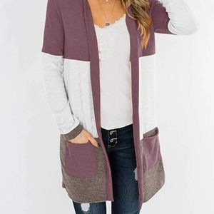 Womens Casual Open Front Cardigans Color Block Long Sleeve Loose Knit